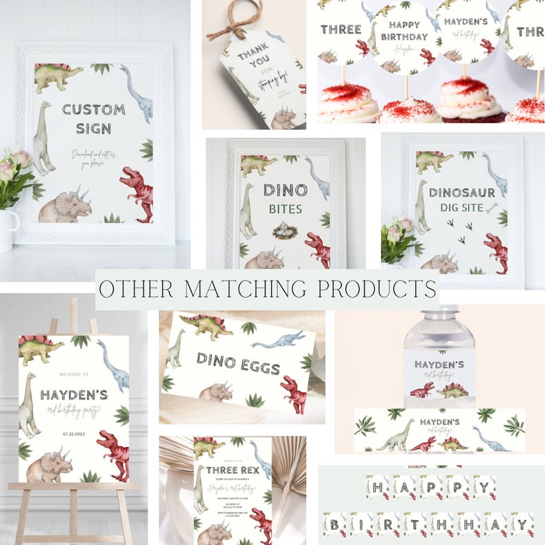 Op de afbeelding: Een set dinosaurusthema-feestdecoraties, waaronder een welkomstbord, cupcaketoppers, een banner, een waterfleslabel en een bord met de tekst "Dino Bites". De decoraties bevatten aquarel illustraties van dinosaurussen in tinten groen, blauw en rood.