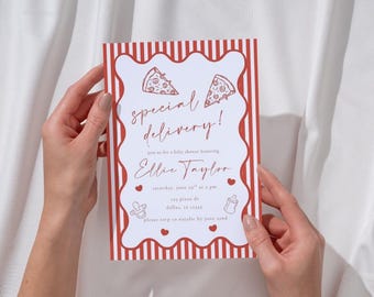 Spezielle Lieferung Babypartyeinladung | Bearbeitbar Pizza Thema Babyparty Einladen | Handgezeichnete italienische Thema Vorlage | Scheibe Scheibe Baby