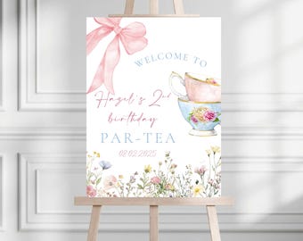 Placa de boas-vindas para chá de bebê editável para aniversário de dois anos | Placa de boas-vindas para chá de bebê de 2 anos | Placa de boas-vindas para chá de bebê com laço floral rosa azul