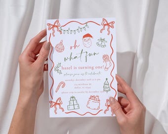Editable Christmas Birthday Invitation | Oh What Fun It Is To Be One | Whimsical Hand Drawn Christmas Party Invite | Christmas Bow 1st Bday