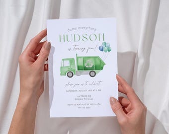 Müllauto-Geburtstags-Einladung | Bearbeitbare Dump Alles Party Einladen | Minimalistischer Müllkipper Einladen | Recycling LKW Vorlage