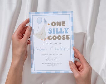 One Silly Goose Editable Birthday Invitation | Goose Theme 1st Birthday Invite | Blue Gingham Goose Boy 1st Birthday Invitation