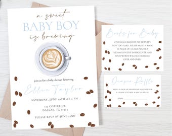 Pacote de convites para chá de bebê "Um bebê está se formando" | Pacote de convites editáveis para chá de bebê com tema de café | Pacote de modelos de grãos de café para impressão