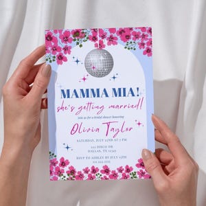 Convite editável para chá de panela Mamma Mia | Discoteca Mamma Mia | Convite para chá de panela grego | Chá de panela Dancing Queen | Convite azul e branco
