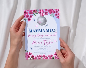 Invitación editable para despedida de soltera inspirada en Mamma Mia / Mamma Mia Disco / Invitación para despedida de soltera con temática griega / Despedida de soltera inspirada en la Reina del Baile / Invitación azul y blanca
