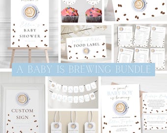 A Baby Is Brewing Baby Shower Bundle | Editable Coffee Theme Baby Shower Bundle | Coffee Bean A Sweet Baby Boy Is Brewing Party Bundle