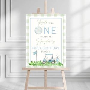 Hole In One 1st Birthday Welcome Sign | Editable Golf 1st Birthday Welcome Sign | Preppy Golf Bday Template | Green Gingham Golf Party Sign