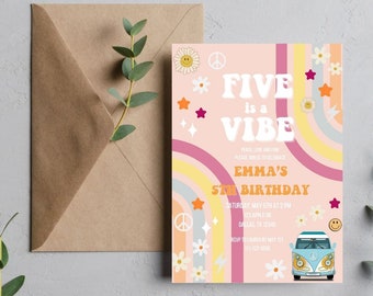 Five is a Vibe Invitation, Hippie Retro Birthday Invitation, Instant Download, Groovy 5th Birthday Invite, Editable Template