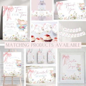 May include: A collection of party supplies with a tea party theme. Includes invitations, cupcake toppers, a banner, water bottle labels, gift tags, and a framed sign. The designs feature floral accents, teacups, and pink bows.