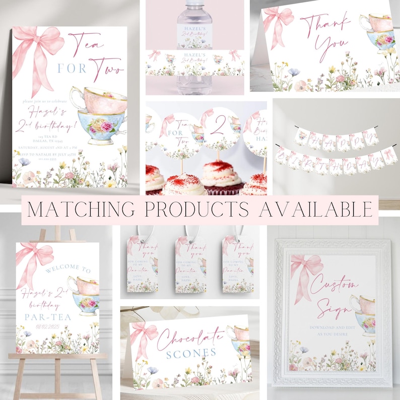 May include: A collection of party supplies with a tea party theme. Includes invitations, cupcake toppers, a banner, water bottle labels, gift tags, and a framed sign. The designs feature floral accents, teacups, and pink bows.