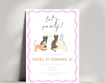 Invitación de cumpleaños con temática de gato / Invitación editable para fiesta con temática de gato rosa / Invitación con temática de mascota / Plantilla con temática de gato / ¿Eres un gatito?