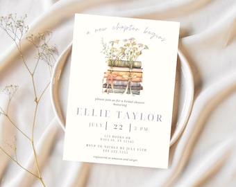 May include: A bridal shower invitation with a stack of books tied with ribbons and a bouquet of flowers. The invitation reads "A new chapter begins" and "Ellie Taylor" with the date and time of the shower. RSVP information is included.