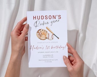 Baseball Rookie Year First Birthday Invitation | Minimalist Baseball Theme Invite | Modern Watercolor Custom Sports Party Printable Template