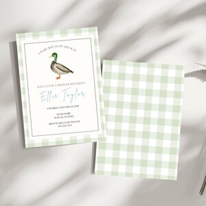 Editable Mallard Duck Baby Shower Invitation | Duck Boy Baby Shower Template | Instant Download | Hunting Theme Baby Shower | Green Gingham