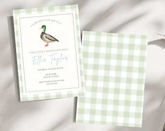 Editable Mallard Duck Baby Shower Invitation | Duck Boy Baby Shower Template | Instant Download | Hunting Theme Baby Shower | Green Gingham