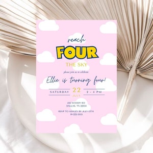 Girl Reach Four The Sky Editable Birthday Invitation | Toy Story 4th Birthday Invitation | Girl Pink Toy Story Template | Reach 4 The Sky