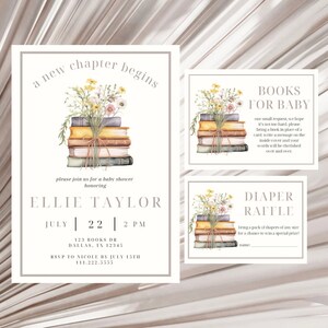 May include: A baby shower invitation with a stack of books and flowers. The invitation says "a new chapter begins" and includes the name Ellie Taylor, the date July 22nd, and the time 2 PM. The invitation also includes the address 123 Books Dr, Dallas, TX 12345 and an RSVP request to Nicole by July 15th at 111.222.5555.