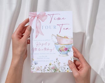 Editable Time Four Tea Birthday Invitation | Girl 4th Bday Tea Party Invite | Pink Blue Toddler Tea Party Template | Floral Bow Tea Party