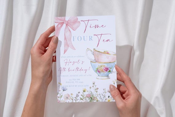 Editable Time Four Tea Birthday Invitation | Girl 4th Bday Tea Party Invite | Pink Blue Toddler Tea Party Template | Floral Bow Tea Party