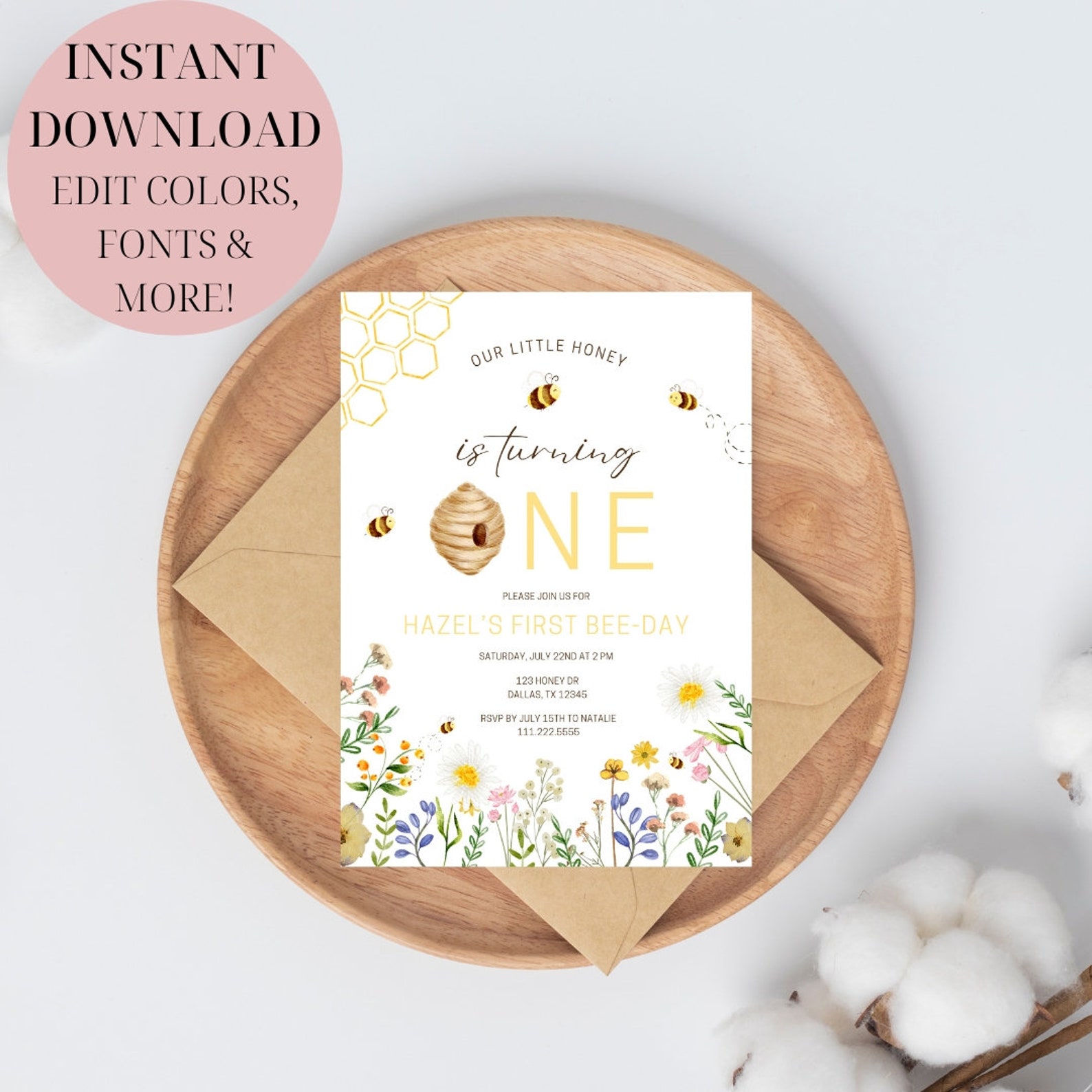Editable First Bee Day Invitation | Bee First Birthday Invitation | Our ...