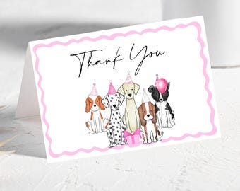 Girl Dog Theme Birthday Thank You Card | Editable Pink Puppy Pawty Thank You Cards | Printable Let’s Pawty Birthday Thank You Card
