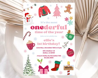 É o convite de aniversário da época mais ONEderful do ano | Convite editável de aniversário de Natal | Modelo de Natal de menina vermelha e rosa