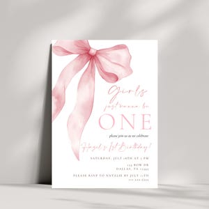 Girls Just Wanna Be One Birthday Invitation | Editable Pink Bow First Birthday Invite | Preppy Coquette Pink Bow Birthday Invitation