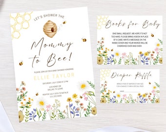 May include: A baby shower invitation featuring a beehive and bees, surrounded by flowers. The invitation reads "Let's shower the Mommy to Bee!" and includes the name Ellie Taylor, the date and time of the shower, and the address. There are also two cards for "Books for Baby" and "Diaper Raffle".