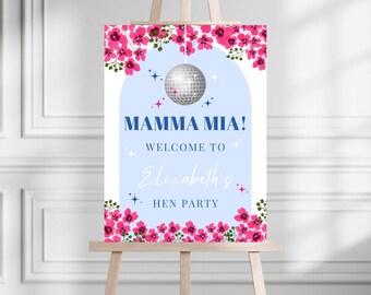 Editable Mamma Mia Hen Bachelorette Welcome Sign | Mamma Mia Disco | Blue And White Greek Hen Bach Welcome Board | Dancing Queen