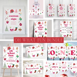 Editable Christmas Theme 1st Birthday Bundle | Oh What Fun It Is To Be One Party Bundle | Printable Pink And Red Christmas Template Bundle