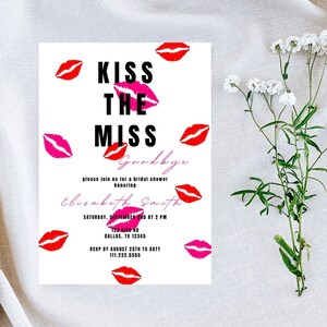 Kiss The Miss Goodbye Bridal Shower Invitation | Kiss The Miss Goodbye Bachelorette Itinerary | Lips Bridal Shower Invite