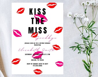 Kiss The Miss Goodbye Bridal Shower Invitation | Kiss The Miss Goodbye Bachelorette Itinerary | Lips Bridal Shower Invite