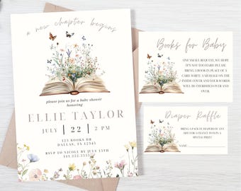 May include: Baby shower invitation set featuring a floral design with an open book and butterflies. The invitation includes details for Ellie Taylor's baby shower on July 22nd at 2 PM in Dallas, TX. Additional cards request books and a diaper raffle.
