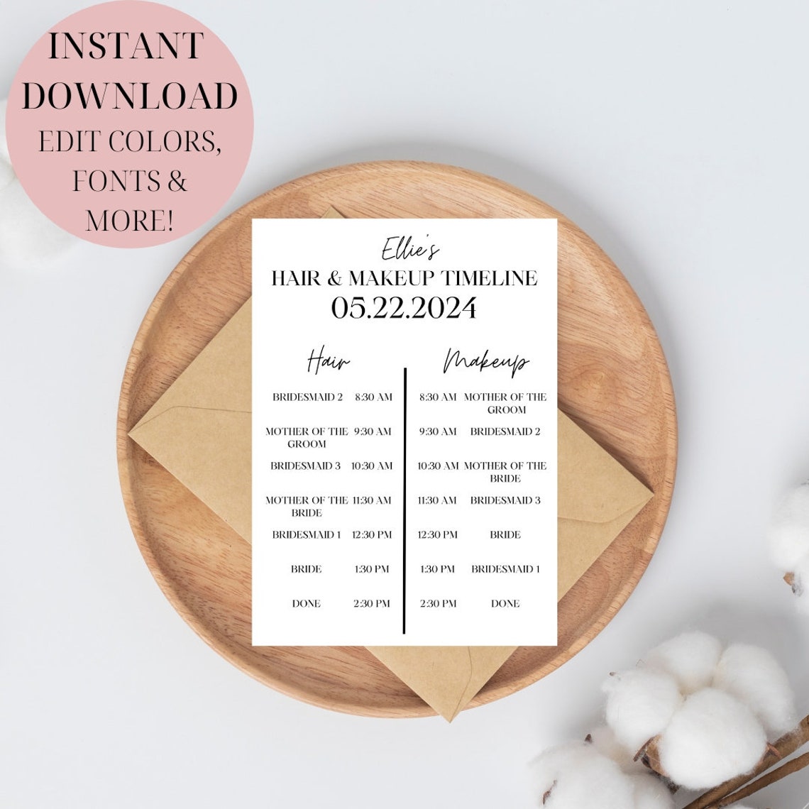 Wedding Hair and Makeup Timeline Template | Minimalist Bridal Party ...