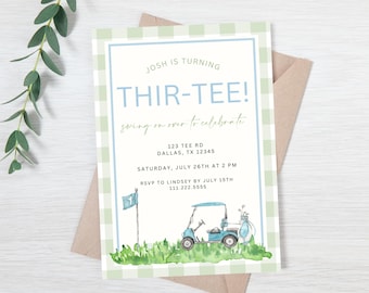 Golf Thir-Tee Geburtstagsparty einladen | Bearbeitbare Golf Themed 30. Geburtstagseinladung | 30 Jahre Golf Geburtstagsvorlage mit modernem Karomuster