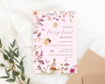 Primeiro convite de aniversário da fada editável de <br> Entrega Rápida? Modelo de primeiro aniversário de fada | Aniversário Jardim Mágico Encantado | Convite de aniversário de fada