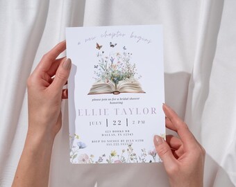 Book Themed Bridal Shower Invitation | Editable Storybook Bridal Shower Invite | A New Chapter Begins | Wildflower Book Bridal Shower Invite