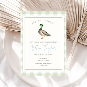 Editable Mallard Duck Baby Shower Invitation | Duck Boy Baby Shower Template | Instant Download | Hunting Theme Baby Shower | Green Gingham