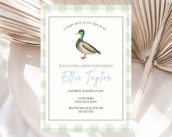 Editable Mallard Duck Baby Shower Invitation | Duck Boy Baby Shower Template | Instant Download | Hunting Theme Baby Shower | Green Gingham
