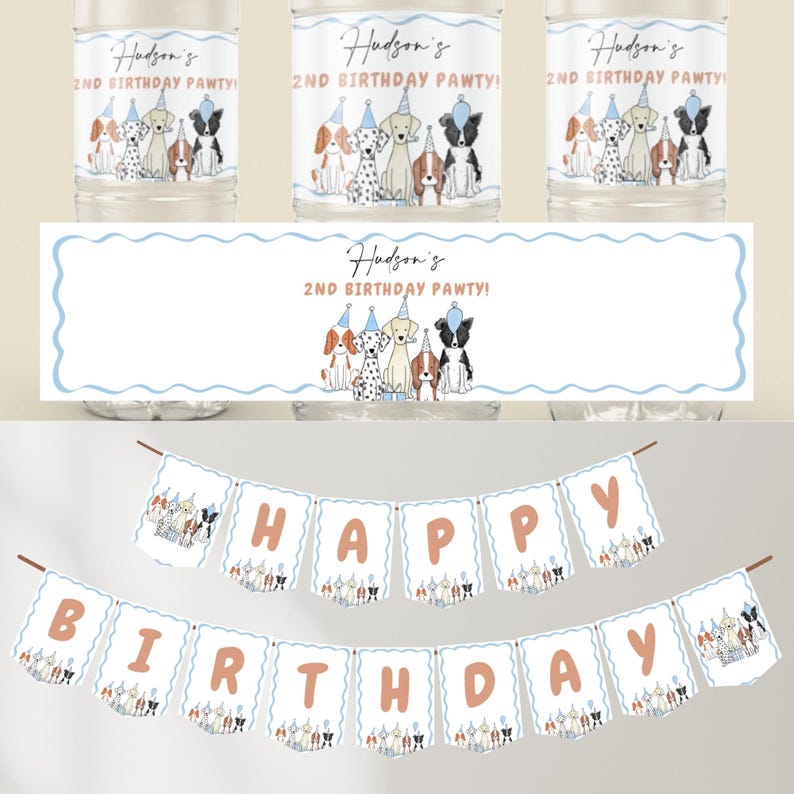 Peut inclure: Une banni&egrave;re blanche avec une bordure bleue et marron, avec les mots "HAPPY BIRTHDAY" en lettres marron. La banni&egrave;re est d&eacute;cor&eacute;e de chiens de dessin anim&eacute; portant des chapeaux de f&ecirc;te.