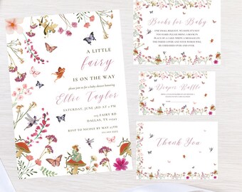 Paquete de invitación de baby shower de hadas / Plantilla editable de baby shower de hadas / Suite de invitación de jardín encantado / Una pequeña hada está en camino