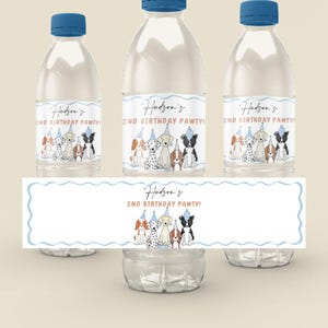 May include: Water bottle labels with a blue and white design featuring a group of dogs wearing party hats. The labels say "Hudson's 2nd Birthday Pawty!"