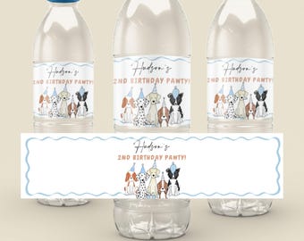 May include: Water bottle labels with a blue and white design featuring a group of dogs wearing party hats. The labels say "Hudson's 2nd Birthday Pawty!"