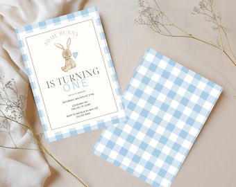 Minimalist Some Bunny Is Turning One Editable Invitation | Blue Bunny 1st Birthday Invite | Instant Download | Blue Checkered Template