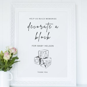 Versier een blok voor babybord | Versier een babybloktafelbord | Afdrukbare babyshoweractiviteit | Minimalistische moderne babyshower