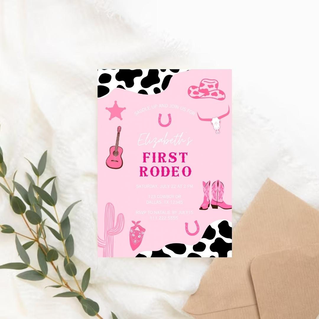 FIRST RODEO Editable Birthday Invitation Girl Pink Cowboy - Etsy