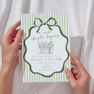 May include: A bridal shower invitation with a green and white striped background. The invitation features a green scalloped border with a bow at the top and the text "a new chapter begins". Below the text is a floral illustration.