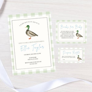Duck Baby Shower Invitation Bundle | Editable Mallard Duck Boy Baby Shower Bundle | Diaper Raffle | Books For Baby | Hunting Theme Shower
