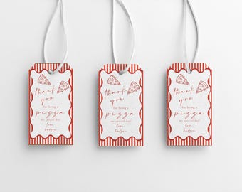 Editable Pizza Party Favor Tag | Pizza Theme Birthday Party Favor Tag | Red Stripes Whimsical Hand Drawn Pizzeria Favor Tag Printable