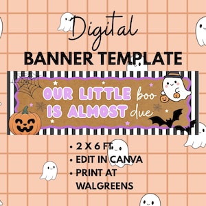 Puede incluir: Una plantilla de banner digital con el texto "OUR LITTLE boo IS ALMOST due" en morado y blanco. El diseño incluye una calabaza, un fantasma, murciélagos y telarañas sobre un fondo marrón con bordes a rayas negras y blancas.